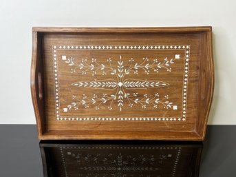 Wooden Handled Tray With Intricate Inlay Work