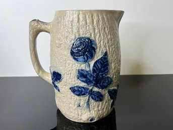 Early Stoneware Pitcher With Blue Design Floral And Leaf Design
