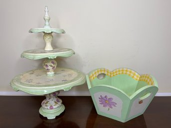 Three Tiered Green And White Dessert Tray & Wooden Green And Floral Bowl