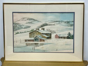 Framed Picture Of  Rustic Home In The Wintertime By A Pond