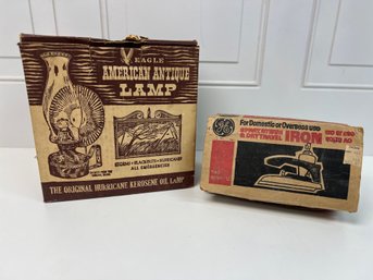 Vintage Lantern American Antique Lamp & Travel Iron In Original Boxes