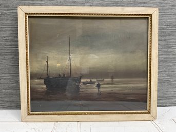 Vintage Framed Moonlight Scene Of A Ship In The  Fog