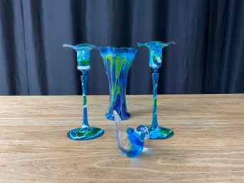 Stunning Blue And Green Candlesticks And Matching Vase