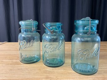 Three Aqua Ball Jars