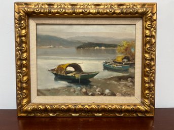 Oil On Canvas Signed Boat Scenery