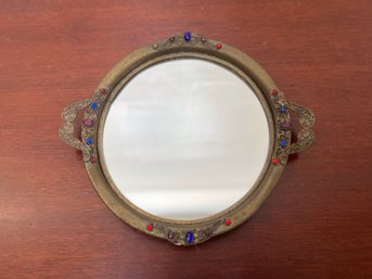 Small Ornate Dresser Mirror With Assorted Glass Stones (Missing 1 Stone)