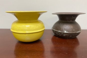 One Metal Spittoon And Yellow Ceramic Spittoon