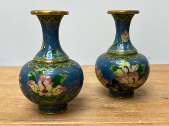 Pr Of Vintage Chinese Cloisonne Vases.       5 1/4' Tall Blue W Floral Pattern And Birds