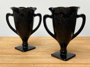 Pr Black Amethyst Vintage Double Handled Vases With Dancing  Maidens