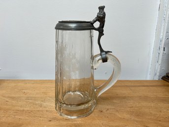 Early Etched Glass Stein With Figural Pewter Lid