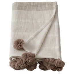 Natural And Beige Herringbone Pattern Pom Pom Throw 51x67