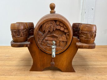 Heavily Carved Wooden Barrel Keg In A Stand With Set Of 6 Carved Tumblers  Made In The Philippines