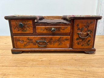 Early Wooden  4 Drawer Jewelry Box With A Burnt Stenciled Floral Design