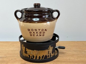 Original Boston Baked Bean Crock On A Metal Sterno Style Heater