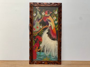 Bird Art Picture W. Feathers Carved Frame