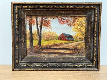 Autumn Roadside Barn Acrylic Painting In Beautiful Gold Frame  9.5x7.5