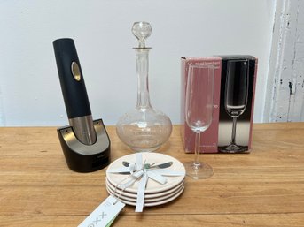 Wine Decanter, Glasses, Plates And Cuisinart Codrless Wine Opener