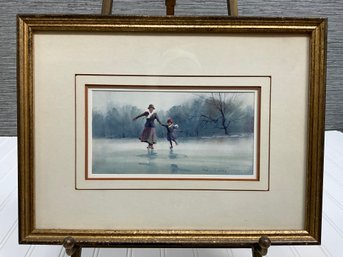 Framed Watercolor  Of Woman And Child Skating