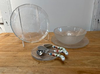 Glass Bowl & Dishes Plus Serving Utensils