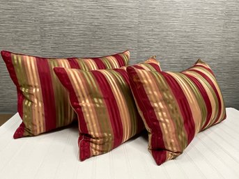 Three Rich Colored Satin Striped Pillows With Down Filling