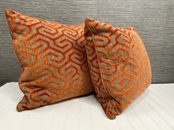 Pair Of Square Tan & Orange Velvet Pillows