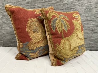 Pair Of Needlepoint Pillows With Lions