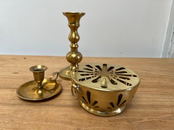 Brass Candlesticks And Warmer