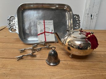 Silver Serving Tray, Teapot And Place Card Stands