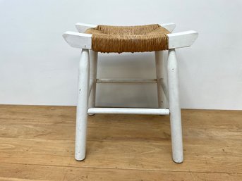 White Wood & Straw Stool - 18' H X 15 X 16