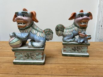 Pr Of Heavy  Large Porcelain Foo Dogs    Nice Pastel Colors   Paper Label On Base  China