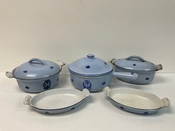 Dru Holland Tulip Blue Enamel Cast Iron Dutch Oven Roaster Casserole Lids