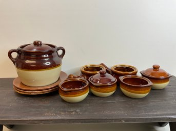 Assorted Brown Crockery Including Bean Pot & Onion Soup Bowls