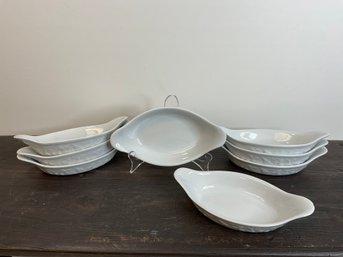 Eight Small White Oval Plates - Crate & Barrel Made In Portugal - 9' X 5'