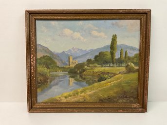 Vintage Framed Signed Artwork Of Countryside And Castle