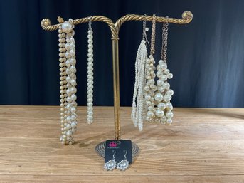 Pearl Necklaces & 1 Pair Of Earrings & Gold T Stand