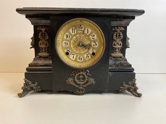 Highly Detailed Vict. Mantel Clock  Needs Glass  No Key  Not Tested  Worked While Packing  Upstairs Bedroom