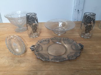 Sterling On Crystal And Decorative Glass  Incl. Cut And Etched Fruit Bowl, Heisey Vegetable Dish ,acid Etched