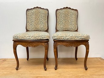 Vintage Wood French Carved Side Chairs With Upholstered Seat Cushion & Back In A Blue And Cream Velvet Fabric