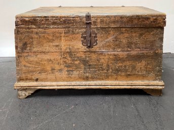 Early Pine Lift Top Country Trunk With Ornate Cast Iron Hardware  Great Trunk Needs Leg Repaired