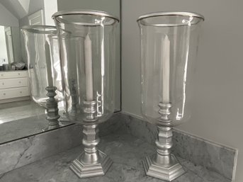 Pair Of Silver And Glass Hurricanes