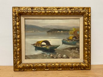 Gold Ornate Framed Painting Of Boats On The Beach