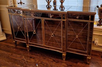 Antiqued Mirrored Gold Silver Leaf Detailed Console Sideboard Borghese Collection CRACK ON TOP -SEE PHOTOS