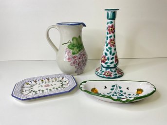 Hand Painted Pitcher, Candlestick And Dishes