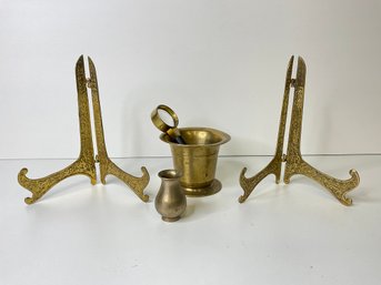 Ornate Brass Picture Holders, Magnifier And Vases