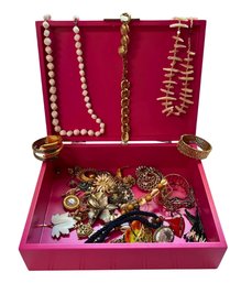 Various Jewelry & Pink Jewelry Box  - 12in X 9in W/ Height Of 3.5in