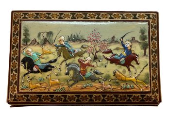 Vintage Hand Painted Marquetry Jewelry Keepsake Box W/ Hunting Scene - 6in X 4in