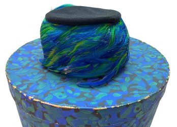 Vintage Miss Juliette Blue & Green Feather Hat, Comes With Box