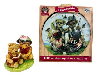 Limited Edition 100th Anniversary Of The Teddy Bear Plate & Vintage Ceramic Teddy Bear Figurine