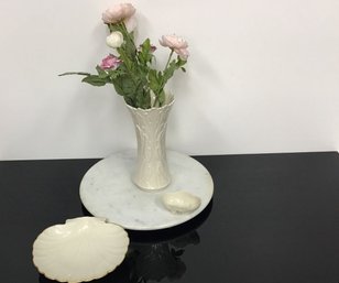 Pottery Vase, Seashell, And Small Bowl W. Flowers