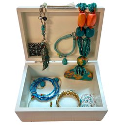 Various Jewelry & White Jewelry Box - 8 X 5.5 1 Of 3